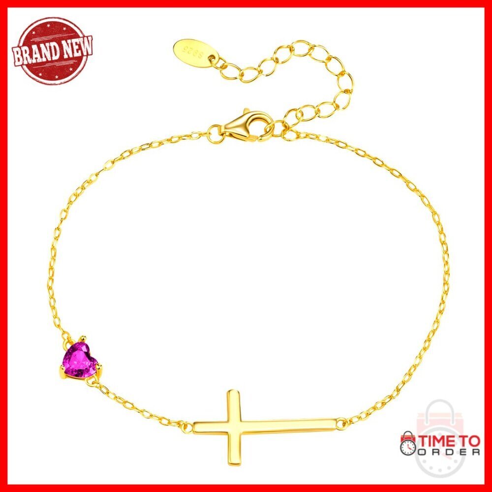 Adjustable Sterling Silver Cross Bracelet with Birthstone Heart Charm